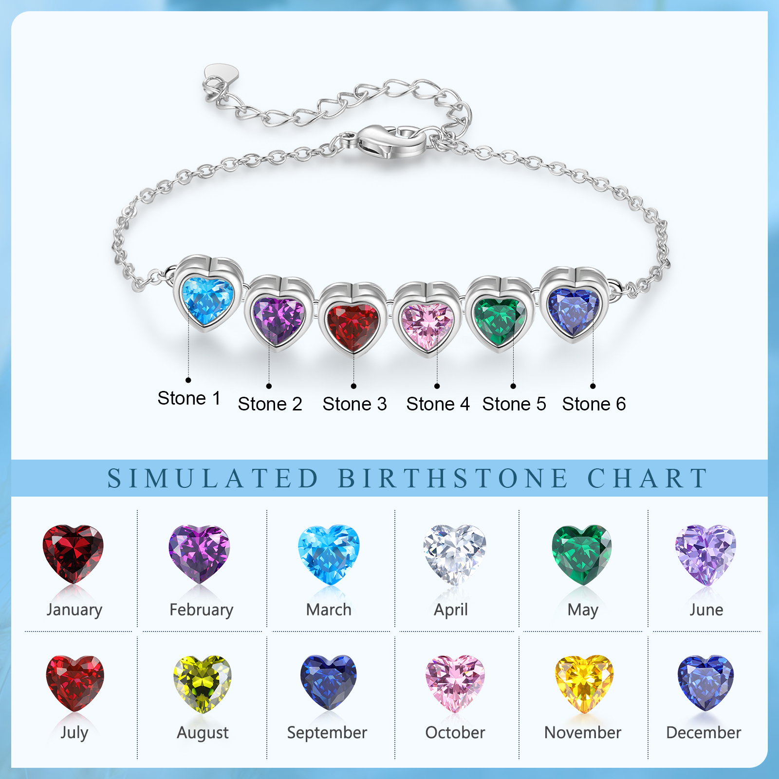 Heart Bracelet with 6 Birthstones – Personalised Gift for Mum, Nana or Partner | Jessemade
