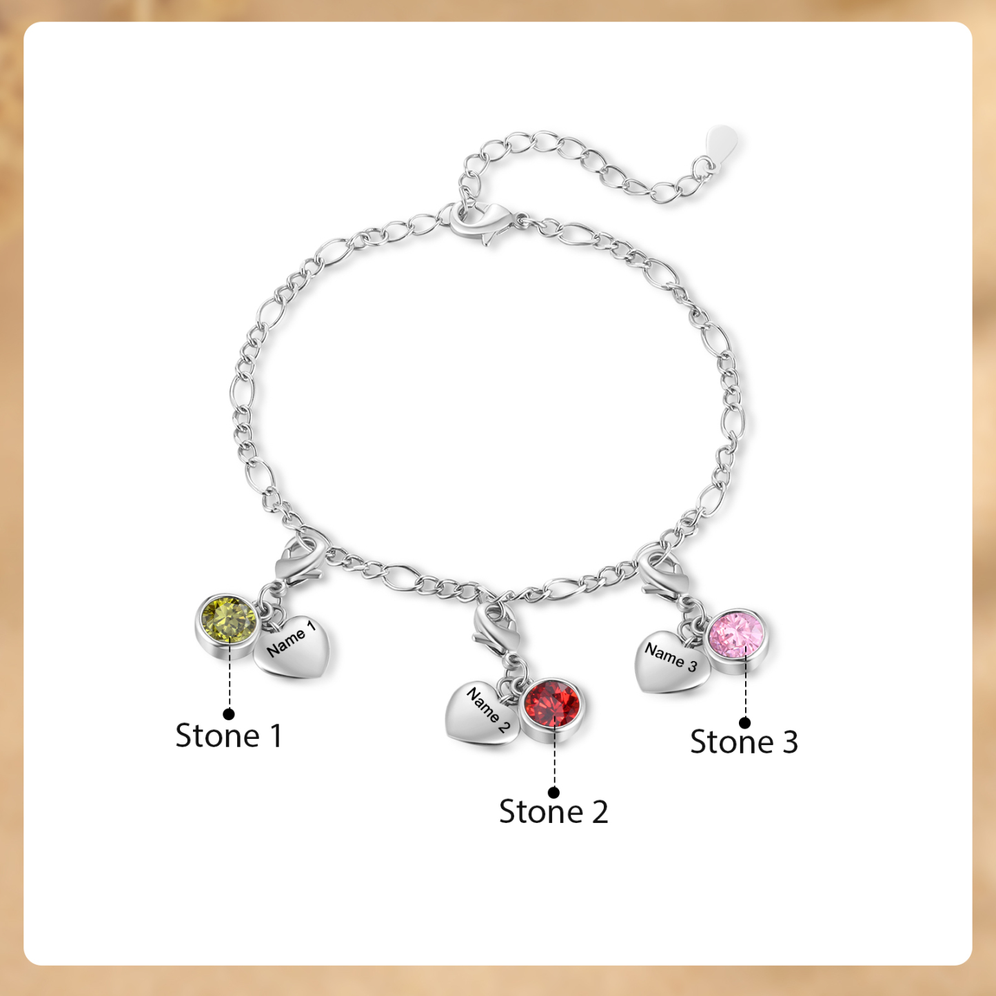 Heart Bracelet Personalised with 3 Names and Birthstones Bracelet Gift for Woman with 2 Colors | Jessemade