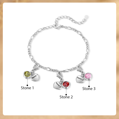 Heart Bracelet Personalised with 3 Names and Birthstones Bracelet Gift for Woman with 2 Colors | Jessemade