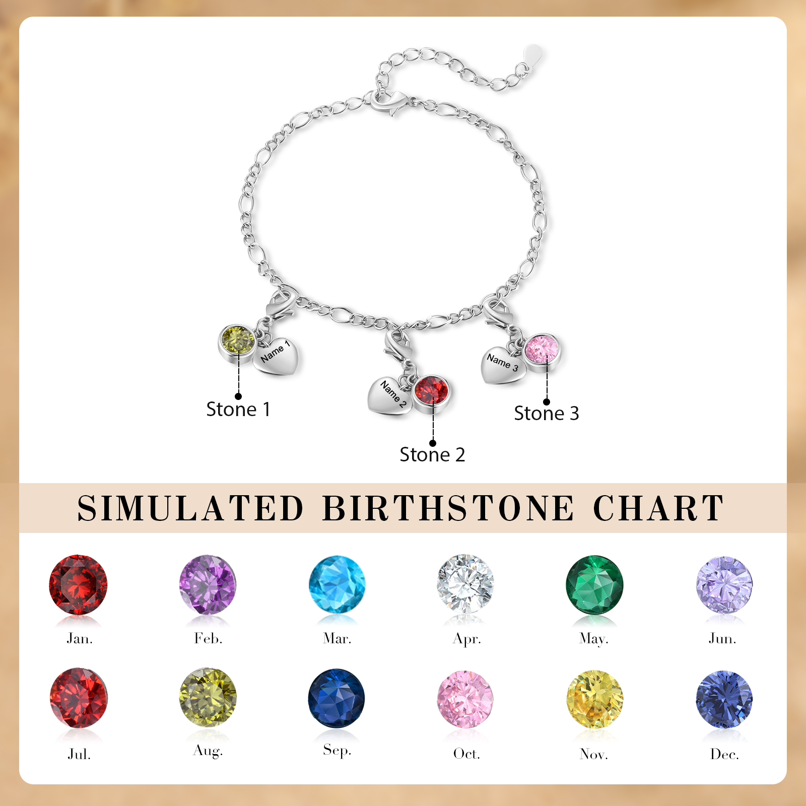 Heart Bracelet Personalised with 3 Names and Birthstones Bracelet Gift for Woman with 2 Colors | Jessemade