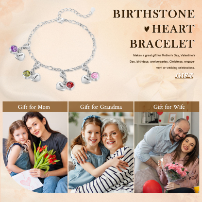Heart Bracelet Personalised with 4 Names and Birthstones Bracelet Gift for Woman with 2 Colors | Jessemade