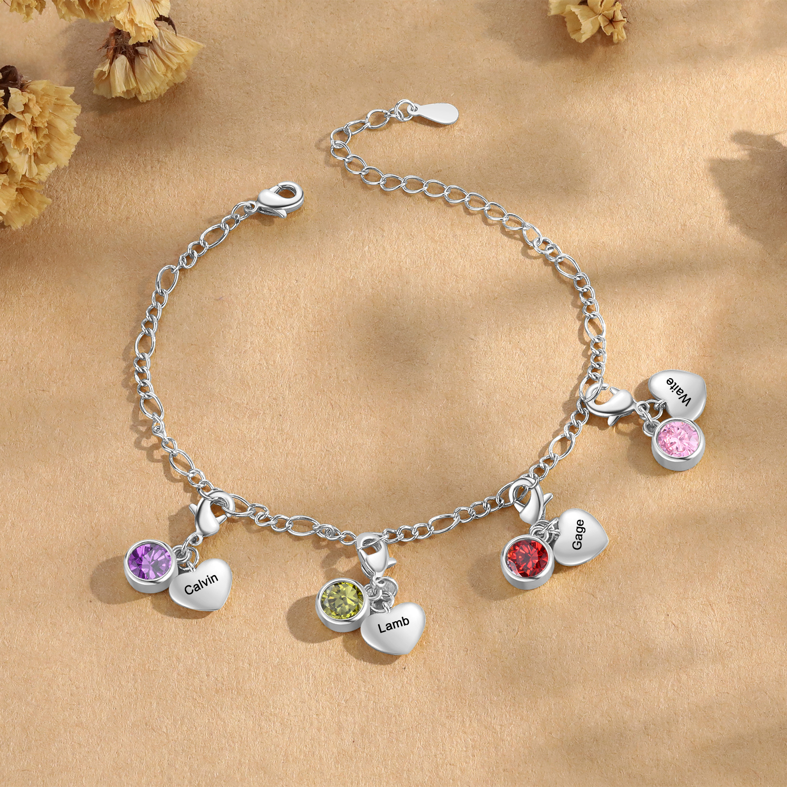 Heart Bracelet Personalised with 4 Names and Birthstones Bracelet Gift for Woman with 2 Colors | Jessemade