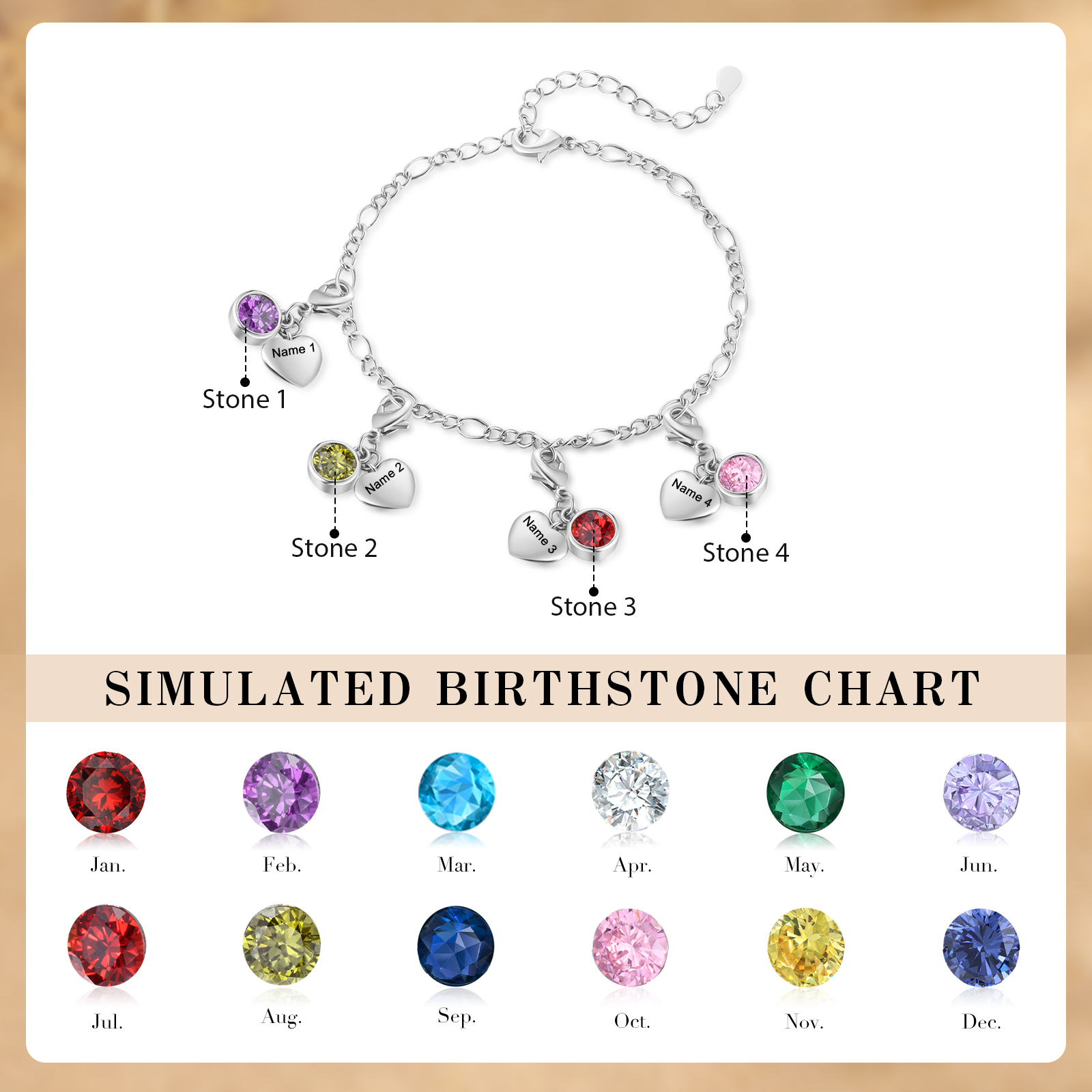 Heart Bracelet Personalised with 4 Names and Birthstones Bracelet Gift for Woman with 2 Colors | Jessemade