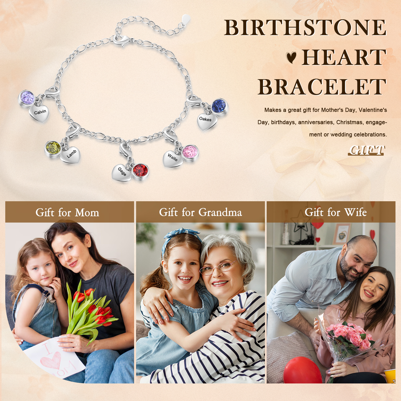 Heart Bracelet Personalised with 5 Names and Birthstones Bracelet Gift for Woman with 2 Colors | Jessemade