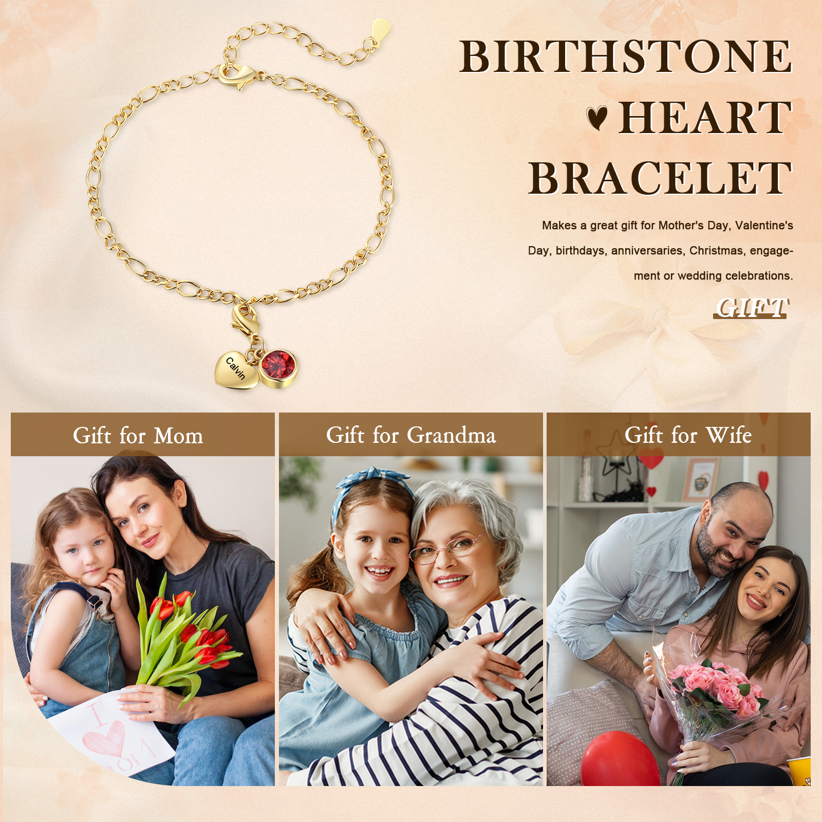 Heart Bracelet Personalised with 1 Name and Birthstone Bracelet Gift for Woman with 2 Colors | Jessemade