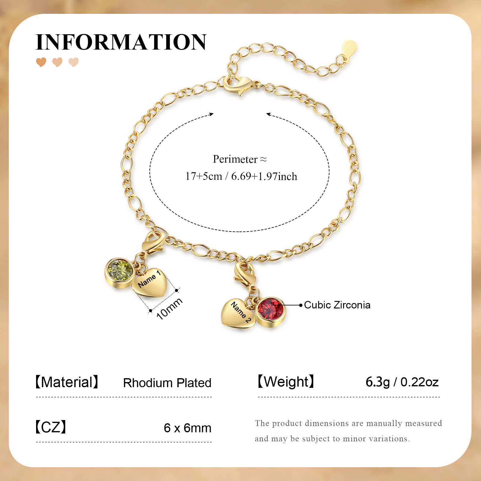 Heart Bracelet Personalised with 2 Names and Birthstones Bracelet Gift for Woman with 2 Colors | Jessemade