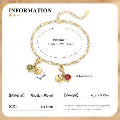 Heart Bracelet Personalised with 2 Names and Birthstones Bracelet Gift for Woman with 2 Colors | Jessemade