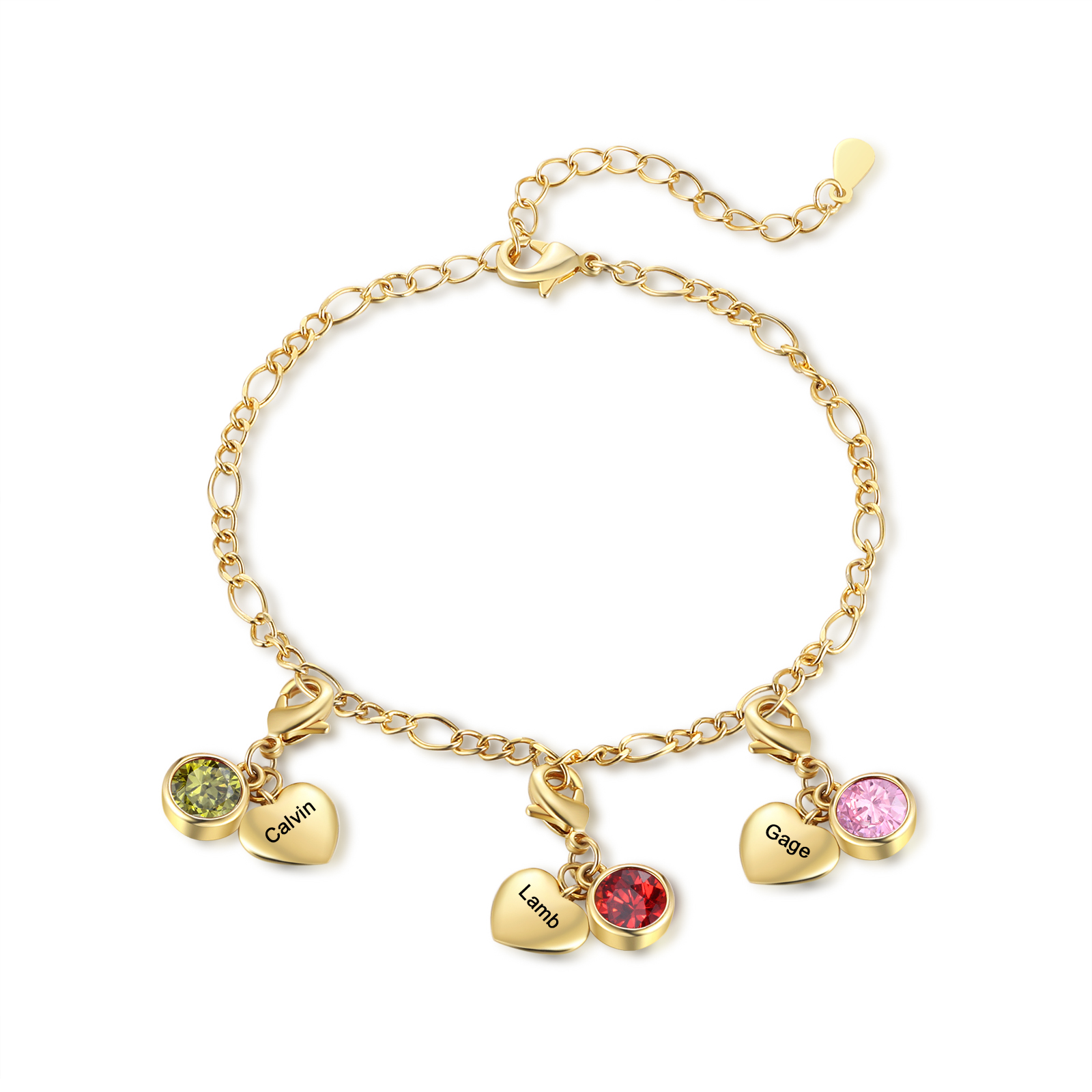Heart Bracelet Personalised with 3 Names and Birthstones Bracelet Gift for Woman with 2 Colors | Jessemade