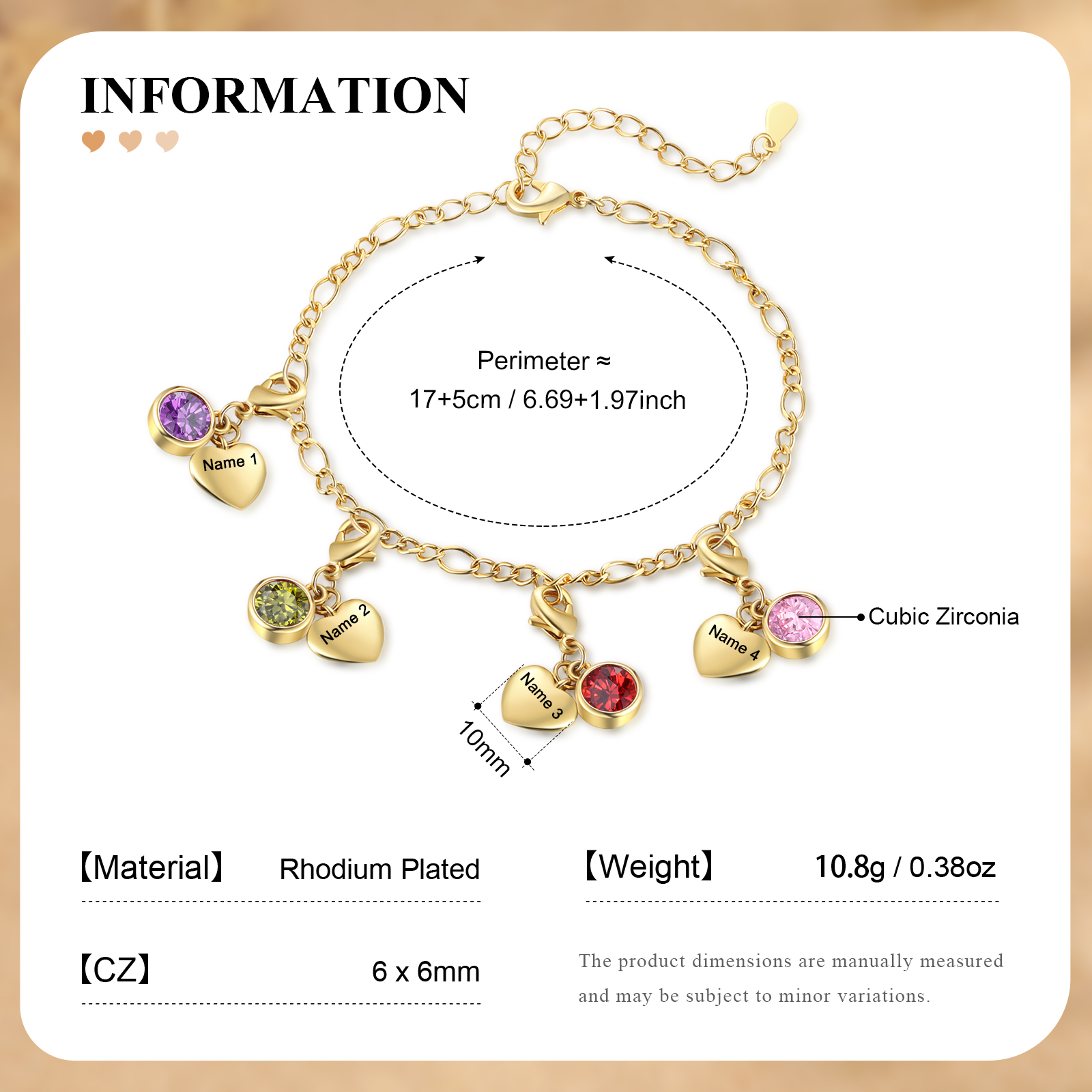 Heart Bracelet Personalised with 4 Names and Birthstones Bracelet Gift for Woman with 2 Colors | Jessemade