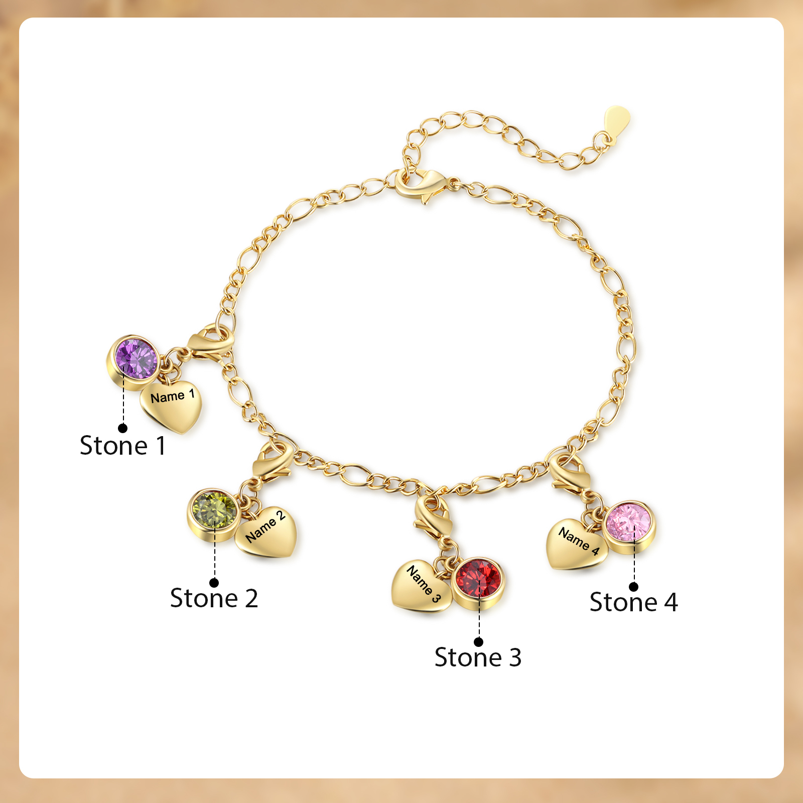 Heart Bracelet Personalised with 4 Names and Birthstones Bracelet Gift for Woman with 2 Colors | Jessemade