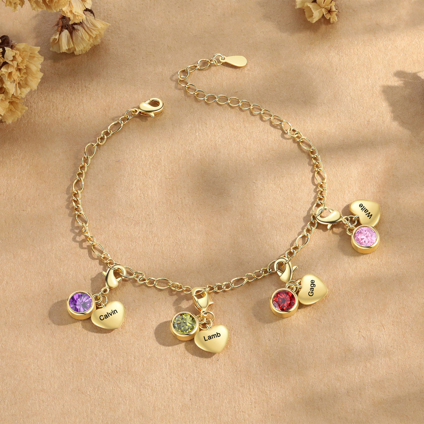 Heart Bracelet Personalised with 4 Names and Birthstones Bracelet Gift for Woman with 2 Colors | Jessemade