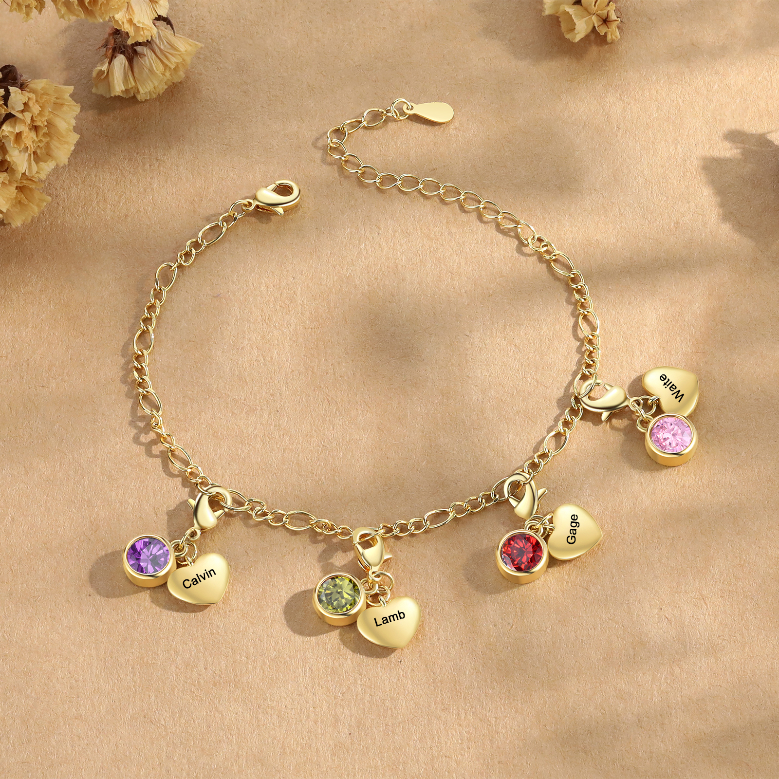 Heart Bracelet Personalised with 4 Names and Birthstones Bracelet Gift for Woman with 2 Colors | Jessemade