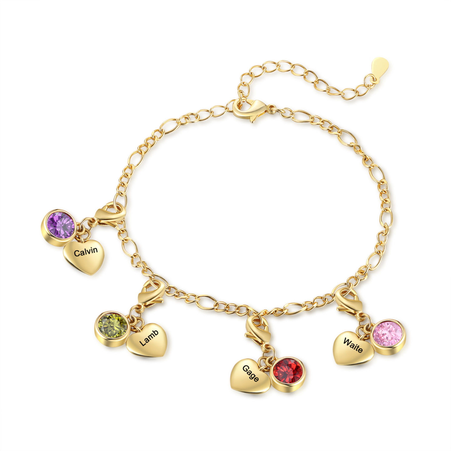 Heart Bracelet Personalised with 4 Names and Birthstones Bracelet Gift for Woman with 2 Colors | Jessemade