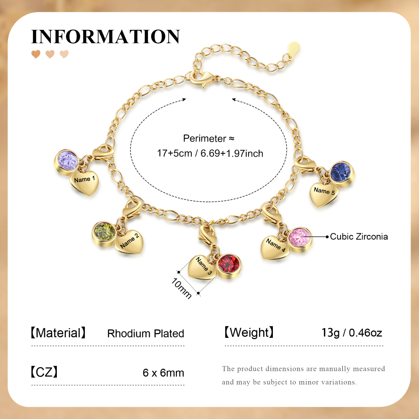 Heart Bracelet Personalised with 5 Names and Birthstones Bracelet Gift for Woman with 2 Colors | Jessemade