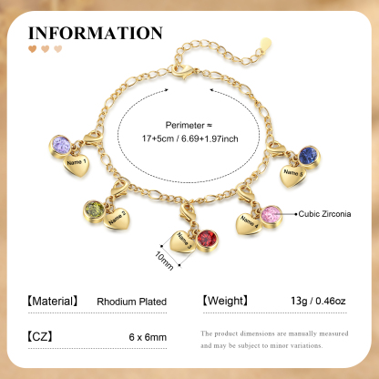 Heart Bracelet Personalised with 5 Names and Birthstones Bracelet Gift for Woman with 2 Colors | Jessemade