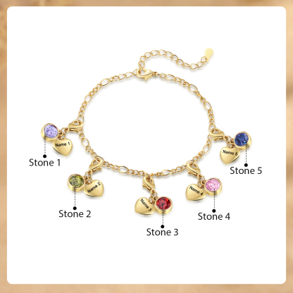 Heart Bracelet Personalised with 5 Names and Birthstones Bracelet Gift for Woman with 2 Colors | Jessemade