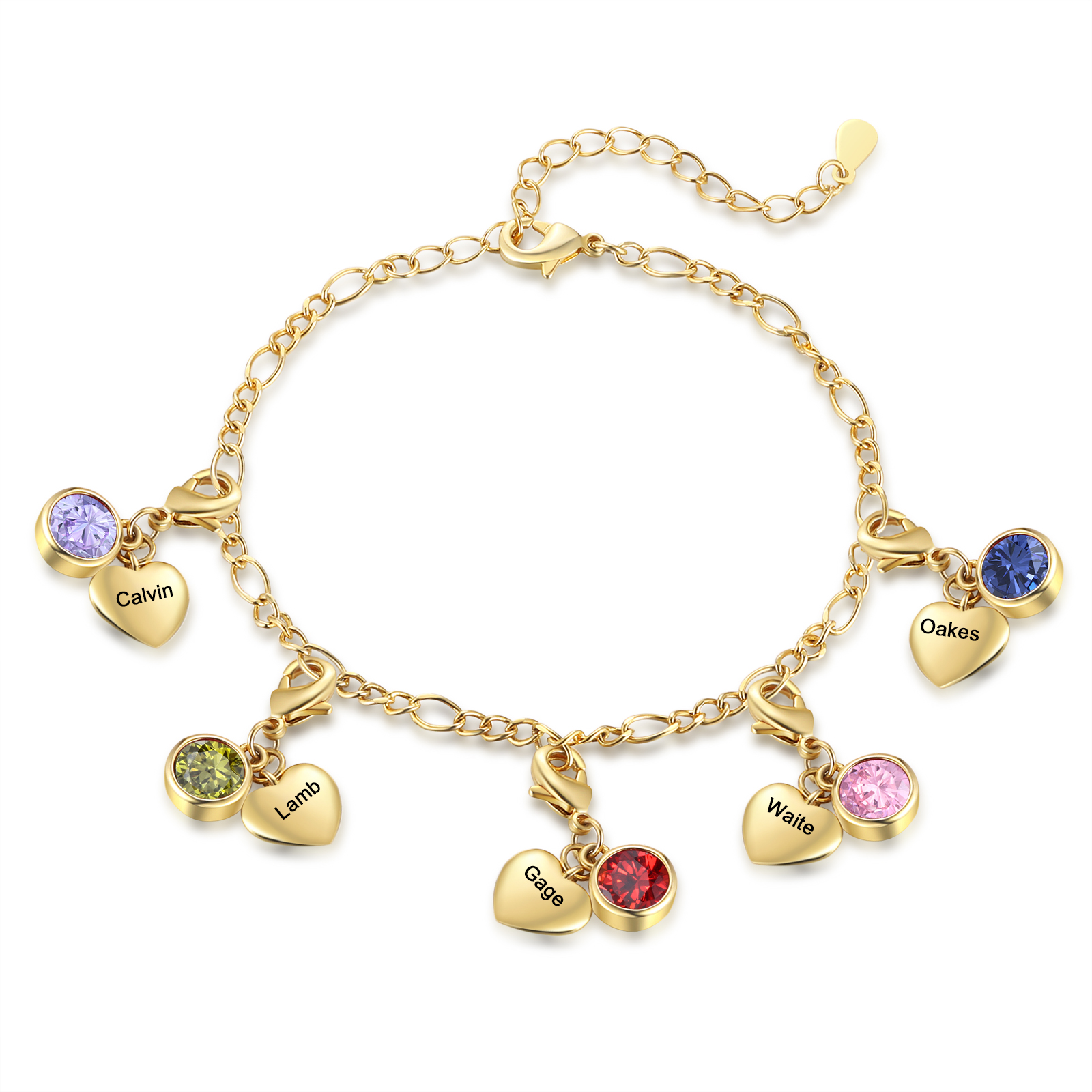 Heart Bracelet Personalised with 5 Names and Birthstones Bracelet Gift for Woman with 2 Colors | Jessemade
