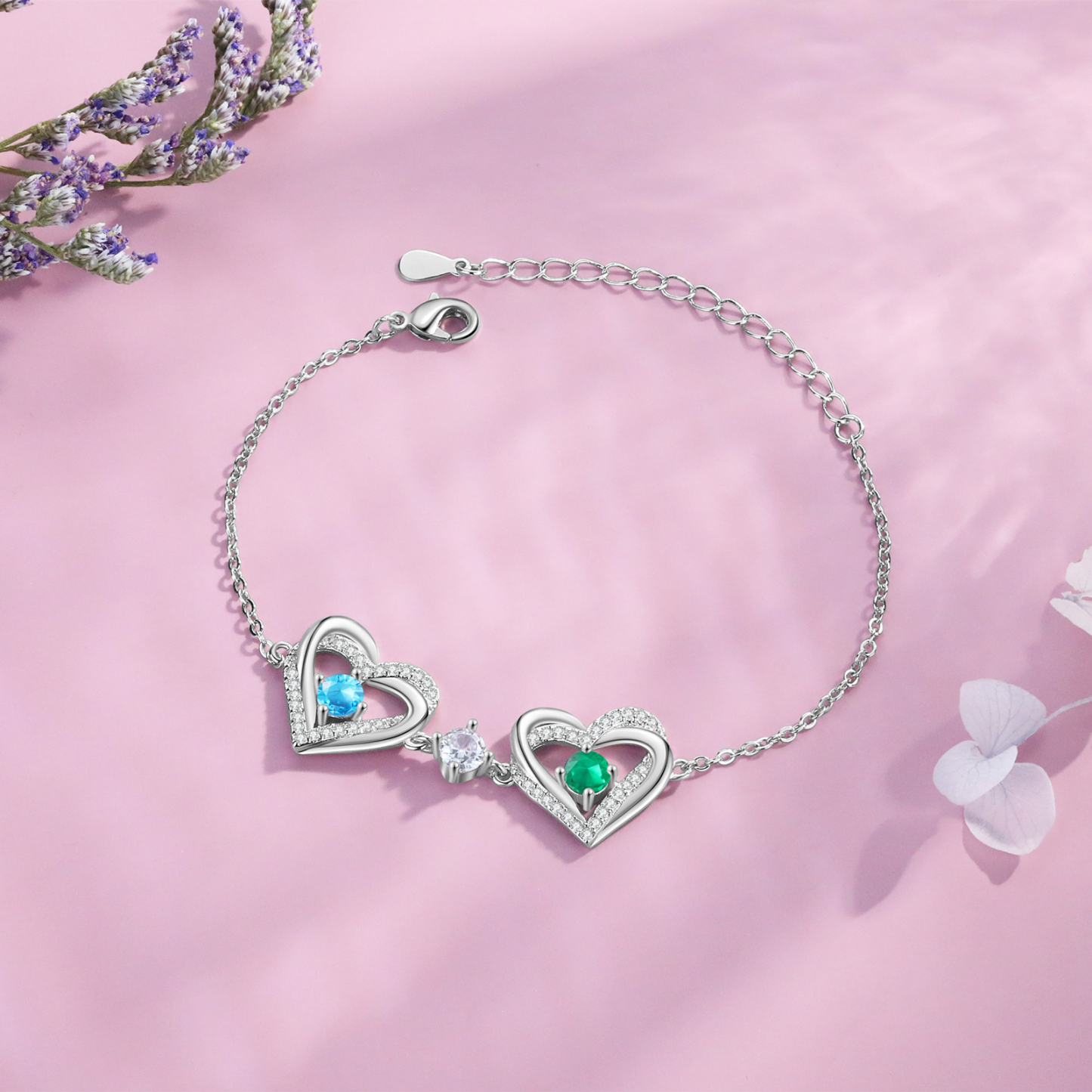 Personalised Bracelet With 2 Birthstones Heart Charm Bracelet Gift For Women | Jessemade