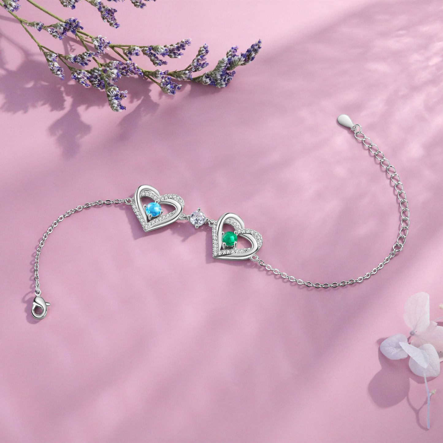 Personalised Bracelet With 2 Birthstones Heart Charm Bracelet Gift For Women | Jessemade