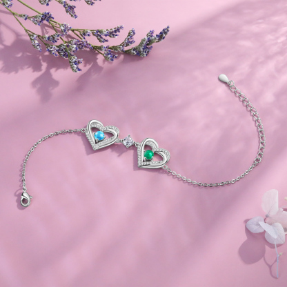 Personalised Bracelet With 2 Birthstones Heart Charm Bracelet Gift For Women | Jessemade