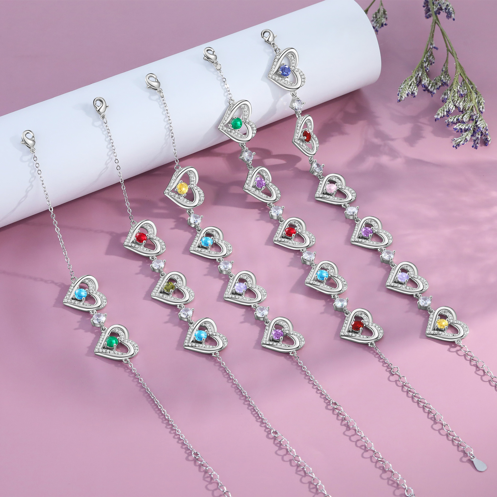 Personalised Bracelet With 2 Birthstones Heart Charm Bracelet Gift For Women | Jessemade