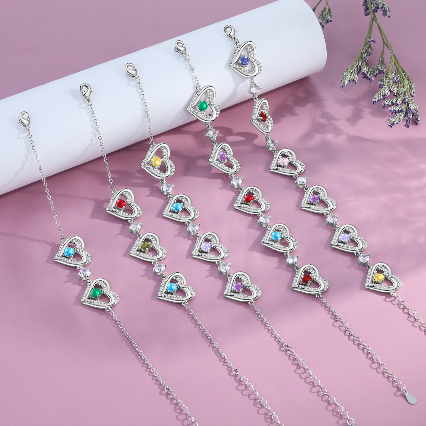 Personalised Bracelet With 2 Birthstones Heart Charm Bracelet Gift For Women | Jessemade