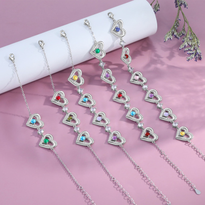 Personalised Bracelet With 2 Birthstones Heart Charm Bracelet Gift For Women | Jessemade