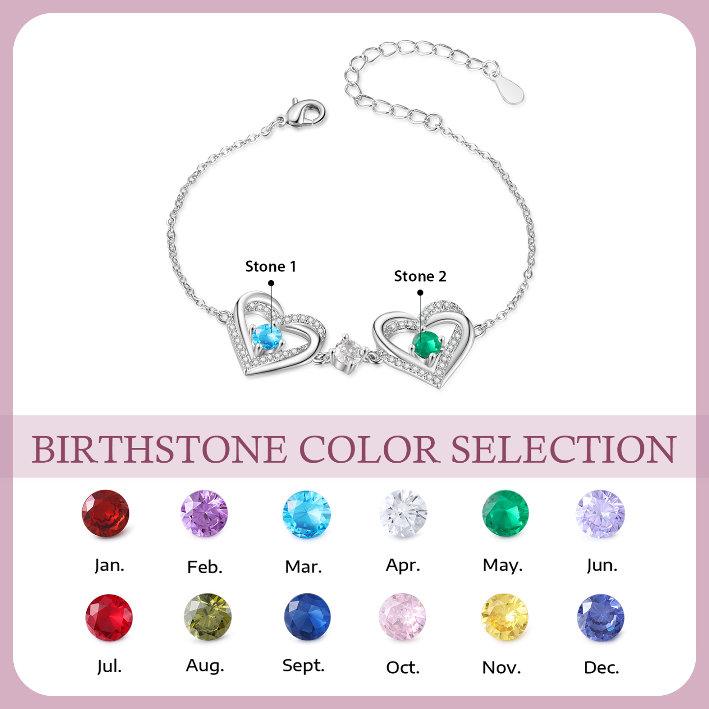 Personalised Bracelet With 2 Birthstones Heart Charm Bracelet Gift For Women | Jessemade