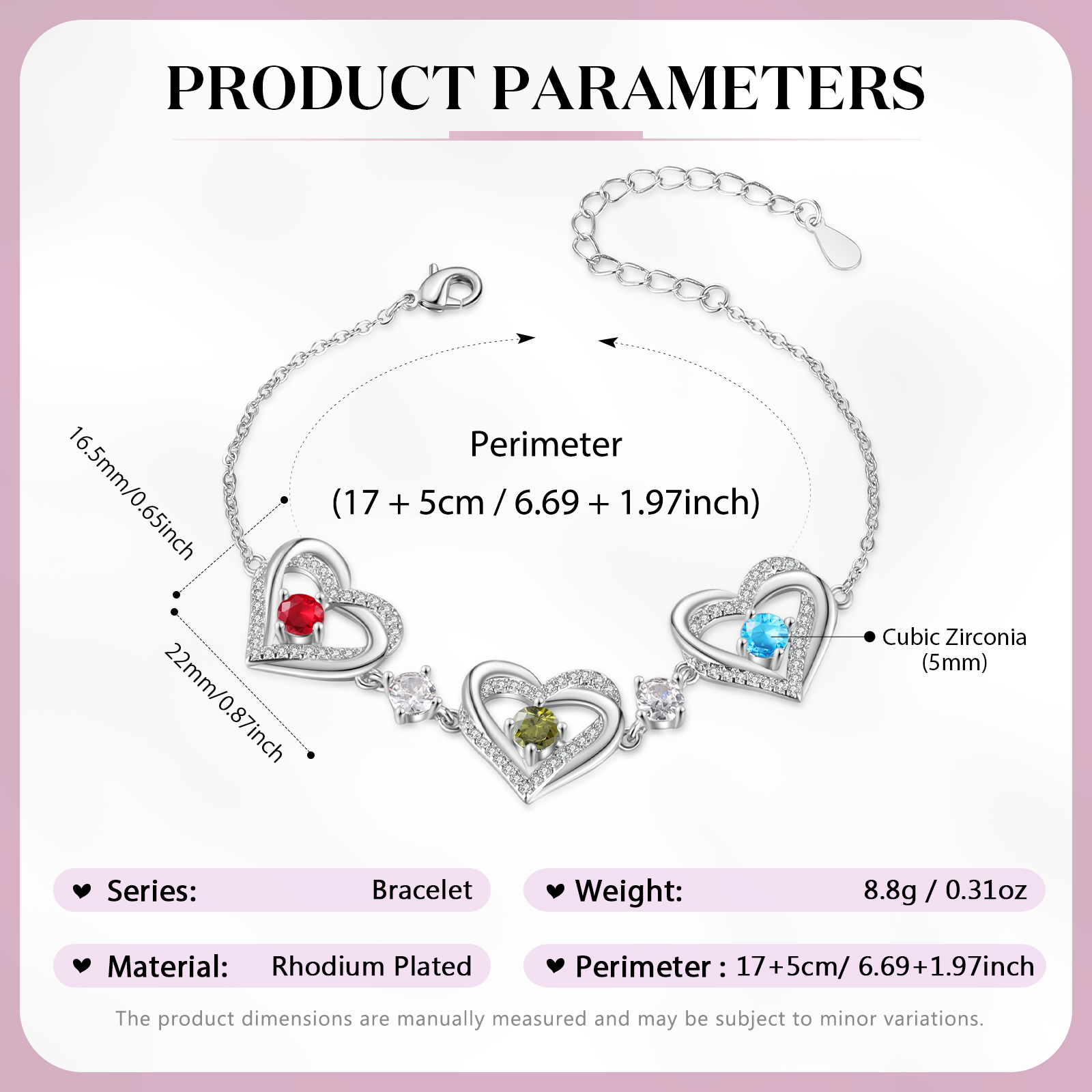 Personalised Bracelet With 3 Birthstones Heart Charm Bracelet Gift For Women | Jessemade