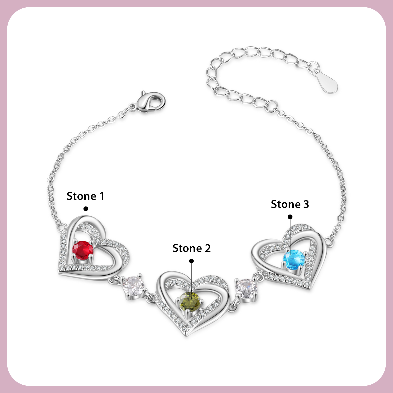 Personalised Bracelet With 3 Birthstones Heart Charm Bracelet Gift For Women | Jessemade