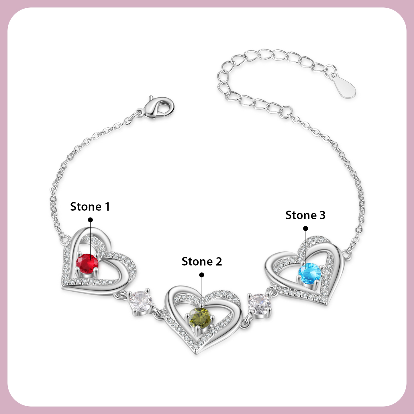 Personalised Bracelet With 3 Birthstones Heart Charm Bracelet Gift For Women | Jessemade