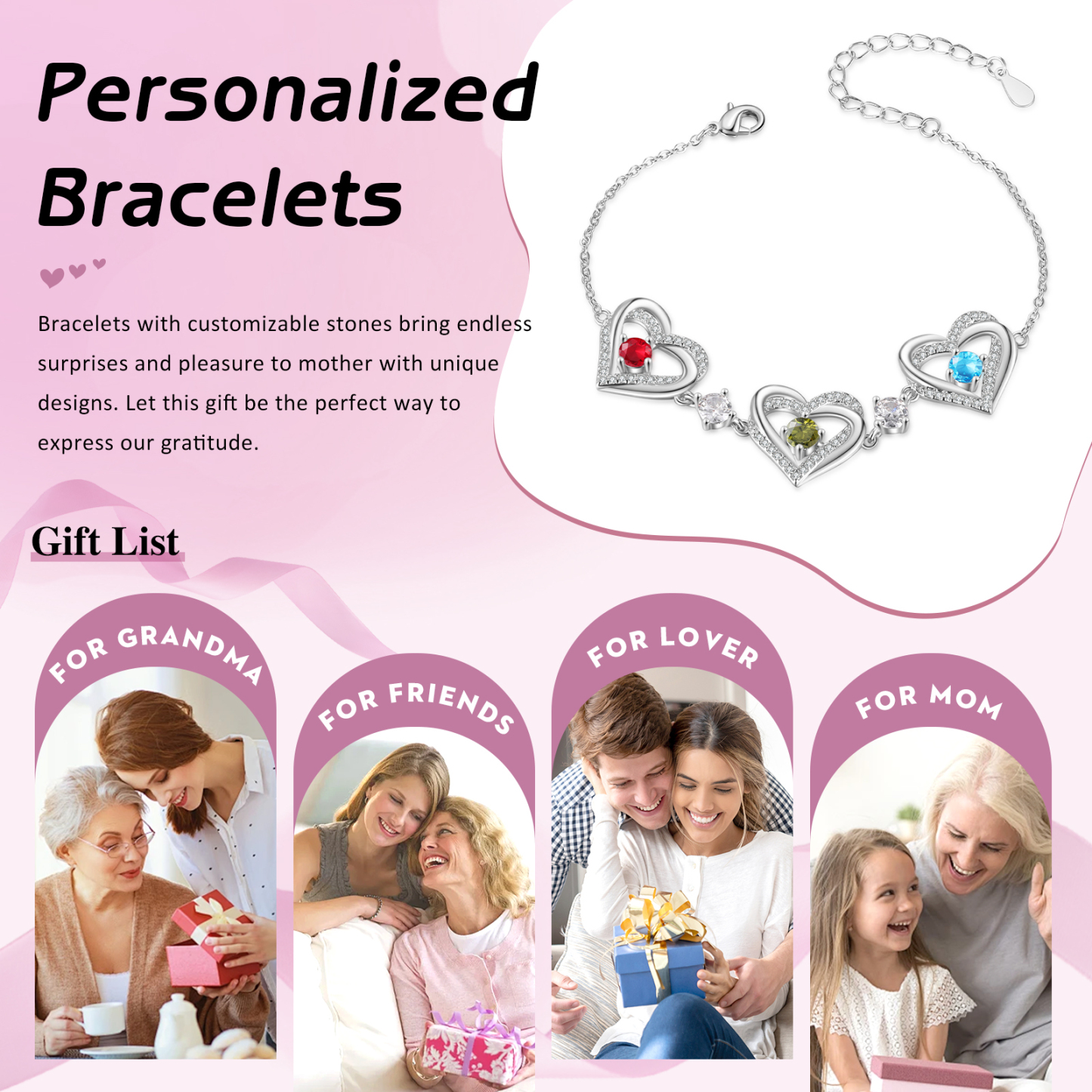 Personalised Bracelet With 3 Birthstones Heart Charm Bracelet Gift For Women | Jessemade