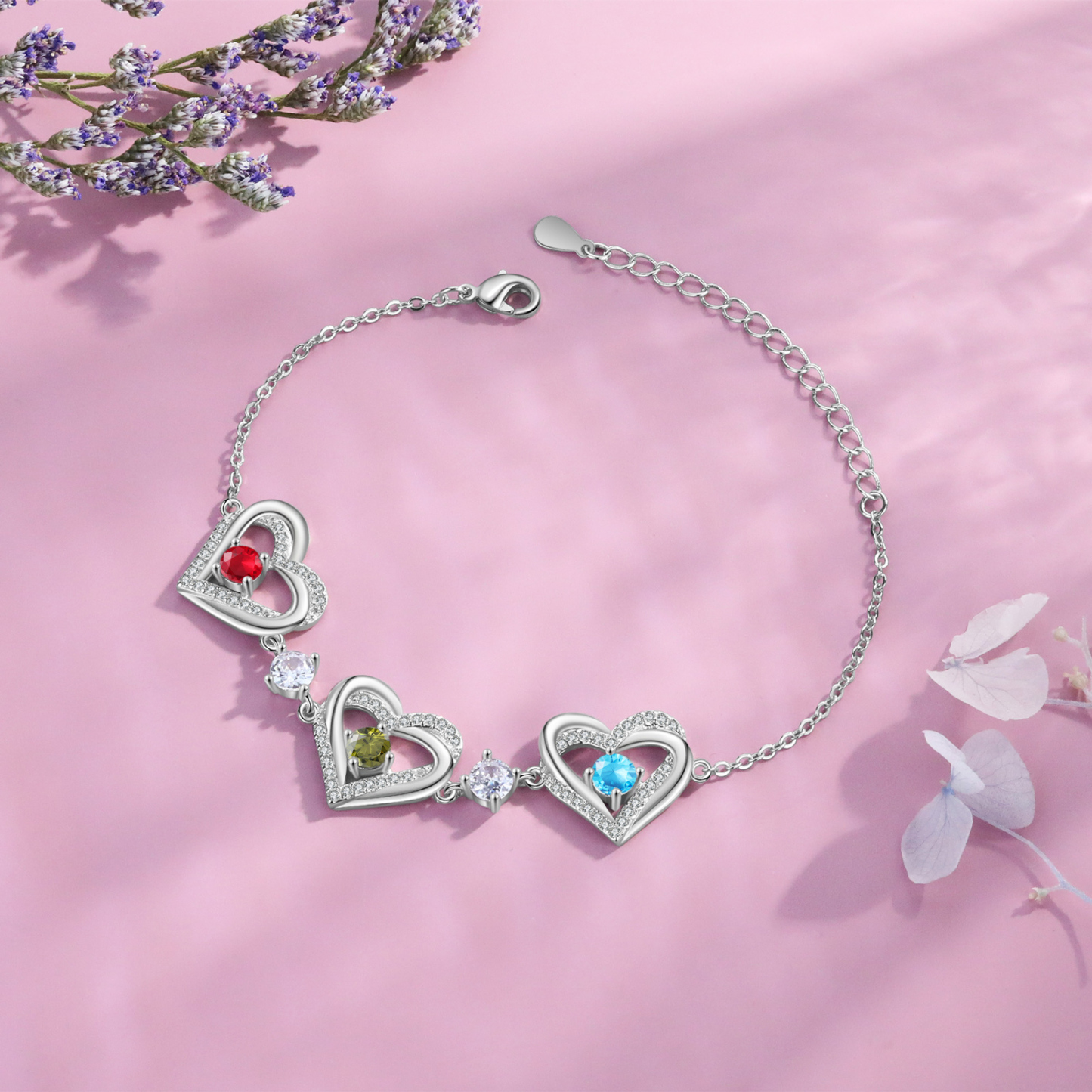 Personalised Bracelet With 3 Birthstones Heart Charm Bracelet Gift For Women | Jessemade