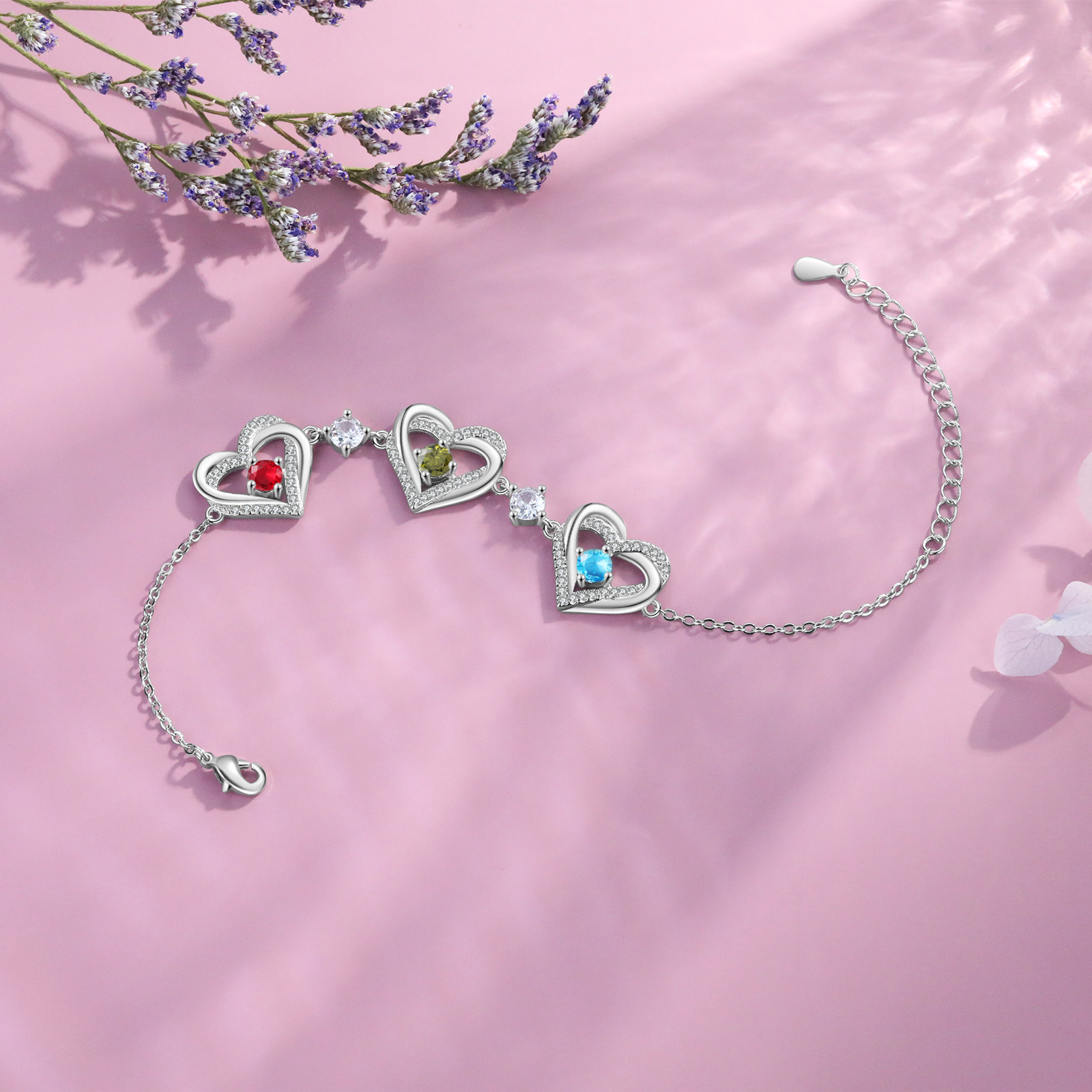 Personalised Bracelet With 3 Birthstones Heart Charm Bracelet Gift For Women | Jessemade