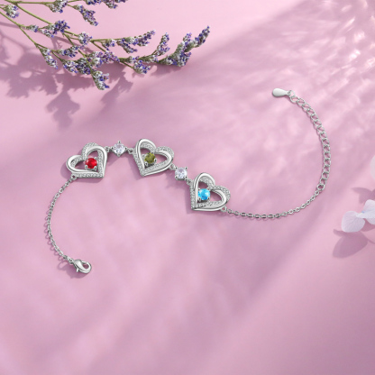 Personalised Bracelet With 3 Birthstones Heart Charm Bracelet Gift For Women | Jessemade