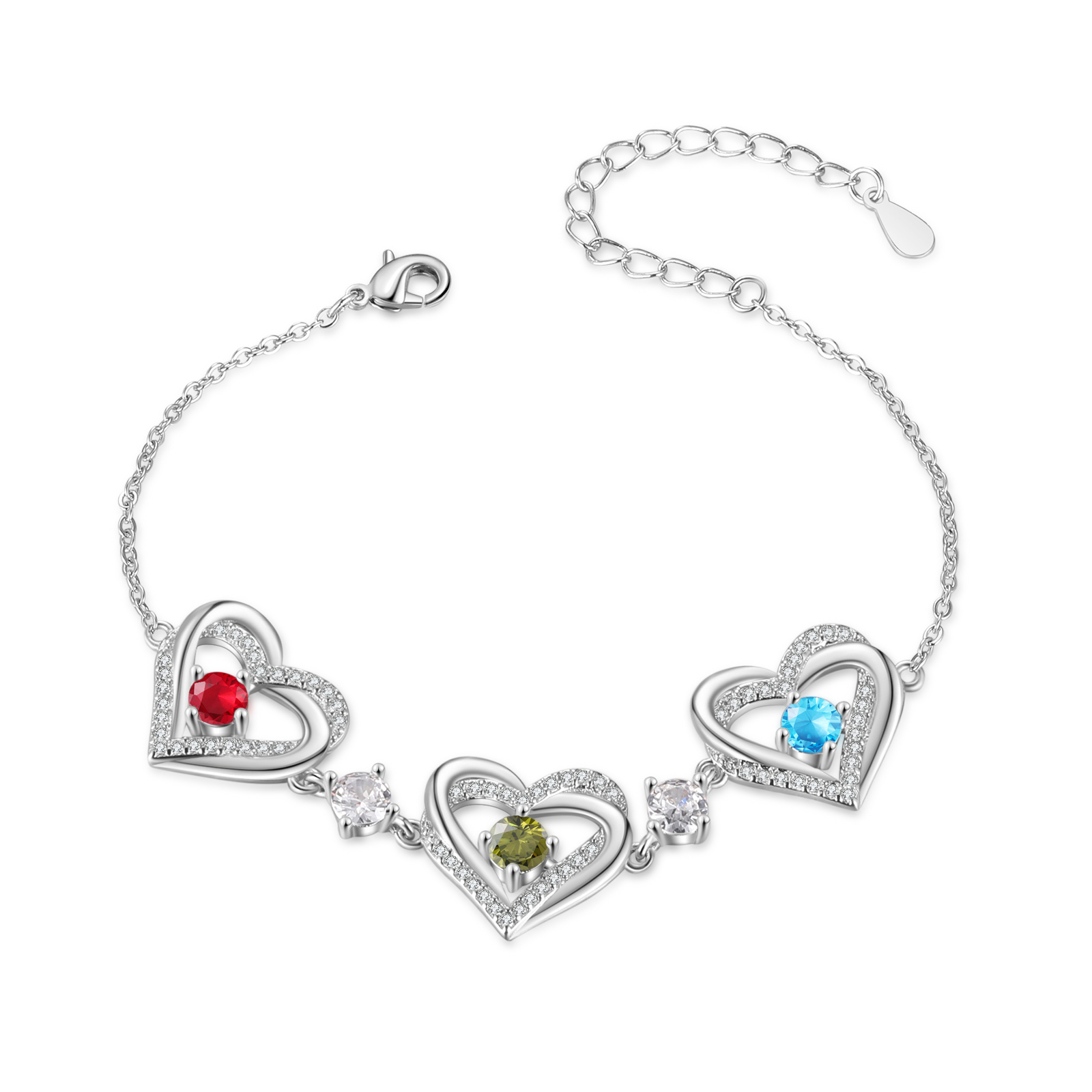 Personalised Bracelet With 3 Birthstones Heart Charm Bracelet Gift For Women | Jessemade