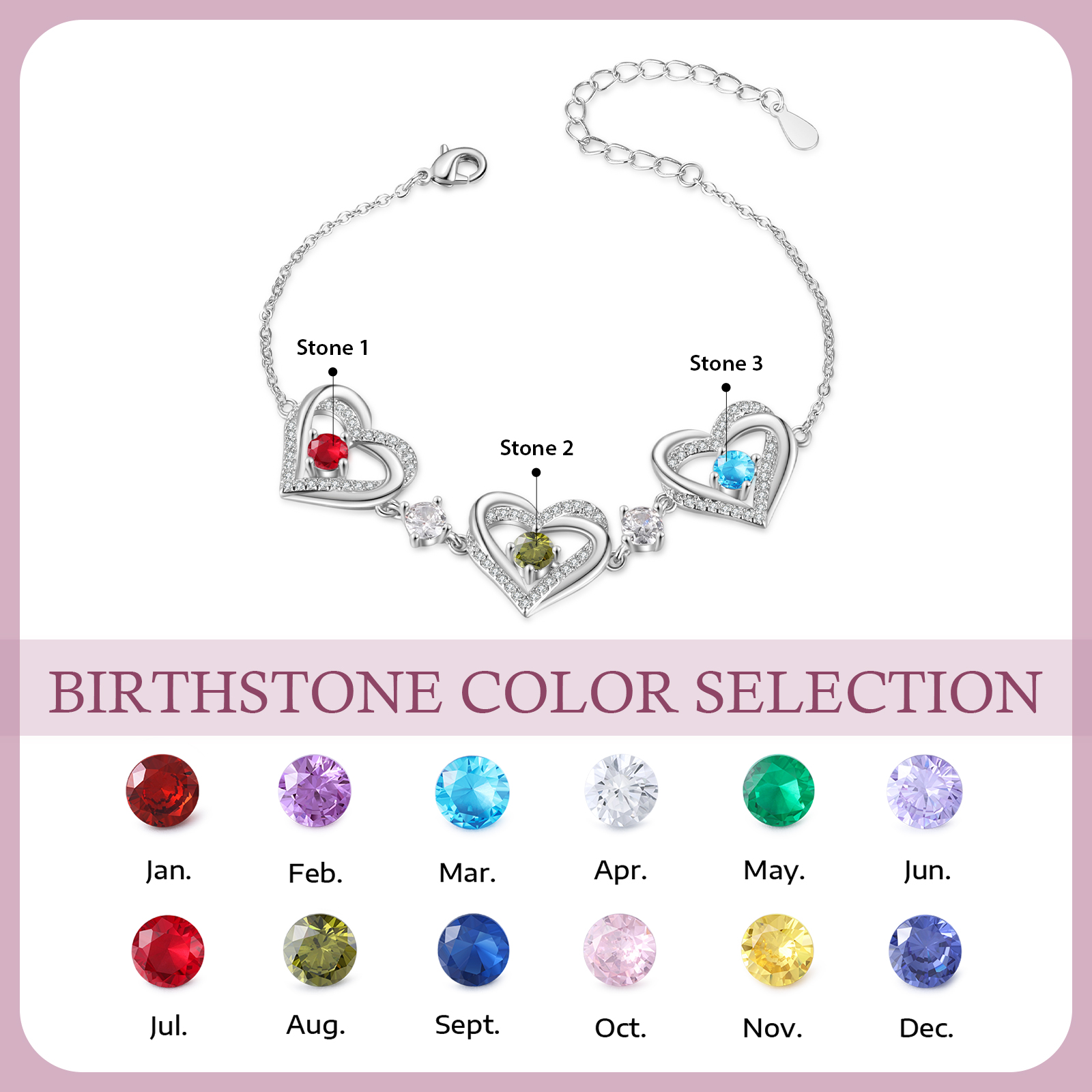 Personalised Bracelet With 3 Birthstones Heart Charm Bracelet Gift For Women | Jessemade