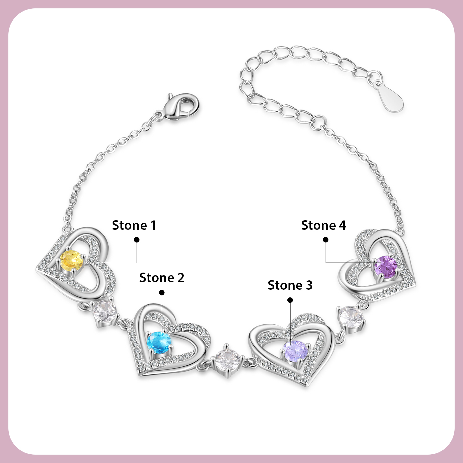 Personalised Bracelet With 4 Birthstones Heart Charm Bracelet Gift For Women | Jessemade