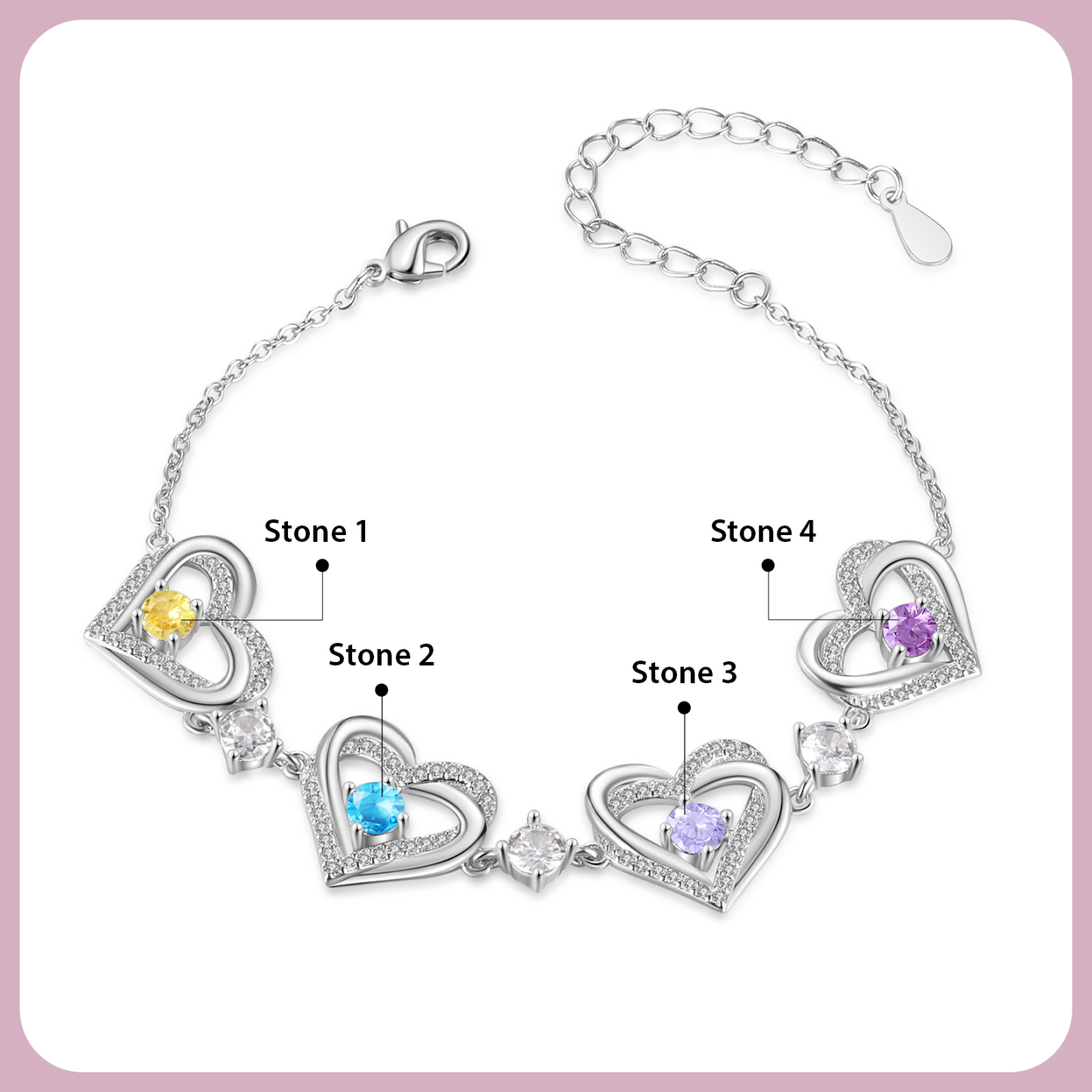 Personalised Bracelet With 4 Birthstones Heart Charm Bracelet Gift For Women | Jessemade