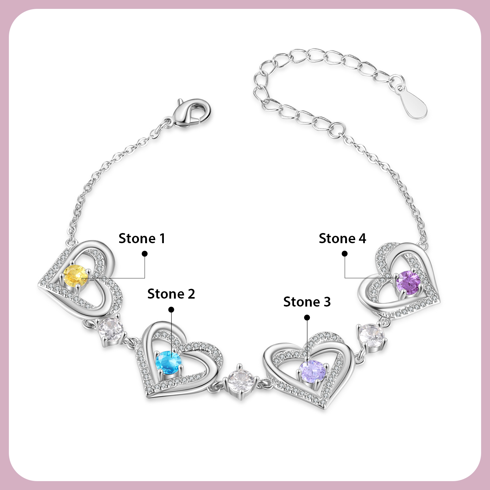 Personalised Bracelet With 4 Birthstones Heart Charm Bracelet Gift For Women | Jessemade