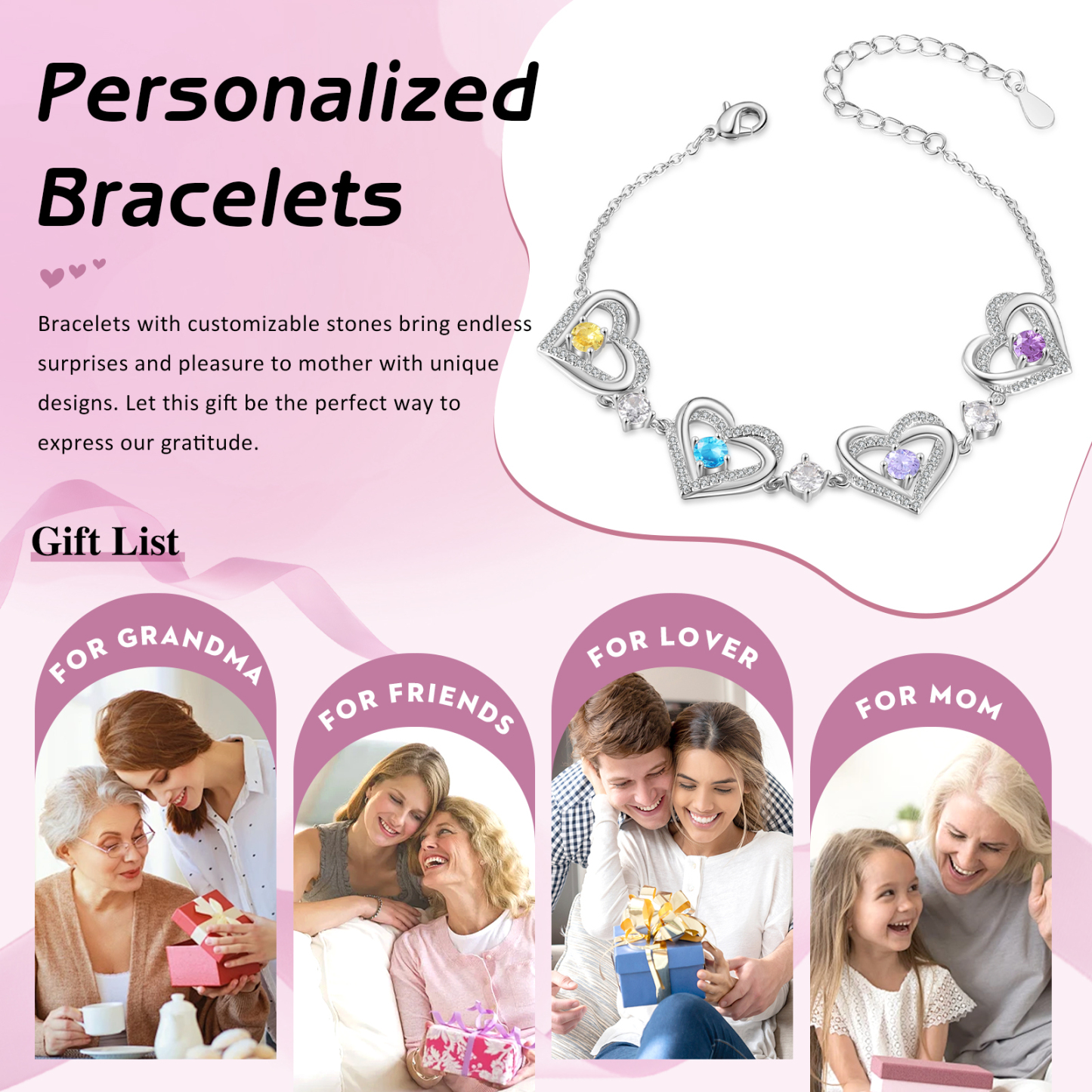Personalised Bracelet With 4 Birthstones Heart Charm Bracelet Gift For Women | Jessemade