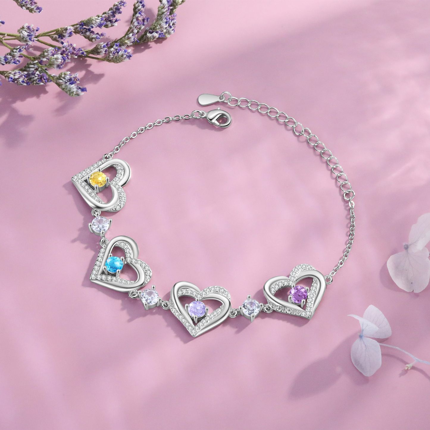Personalised Bracelet With 4 Birthstones Heart Charm Bracelet Gift For Women | Jessemade