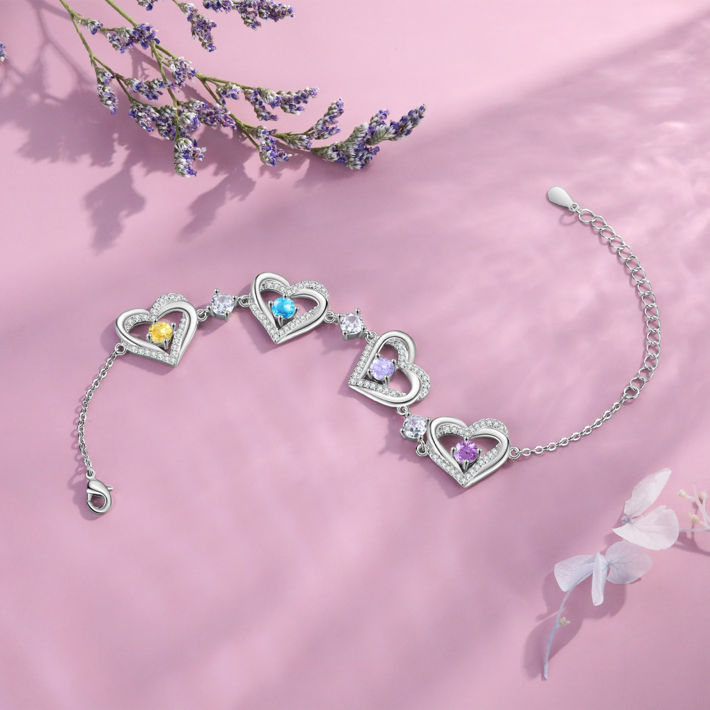 Personalised Bracelet With 4 Birthstones Heart Charm Bracelet Gift For Women | Jessemade