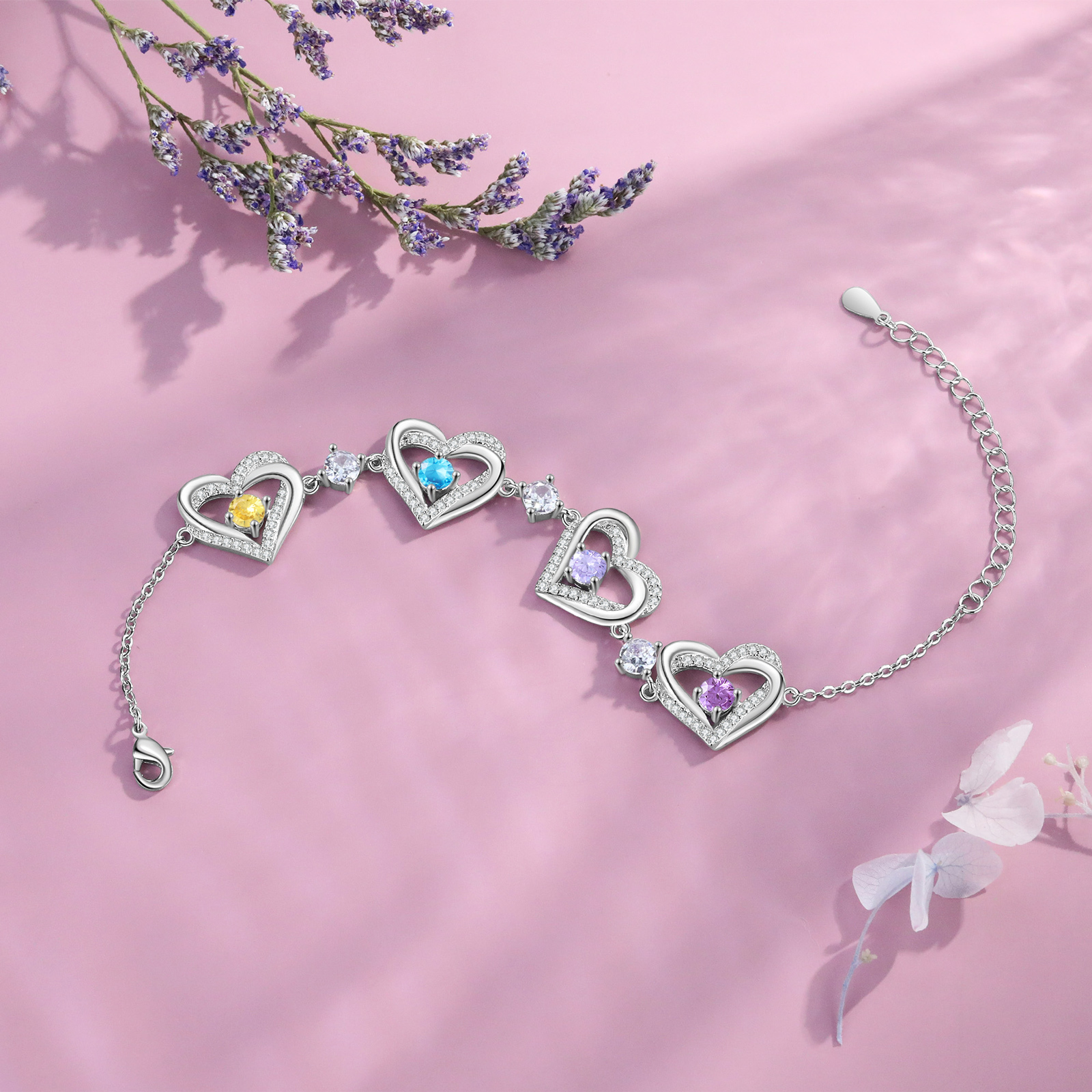 Personalised Bracelet With 4 Birthstones Heart Charm Bracelet Gift For Women | Jessemade