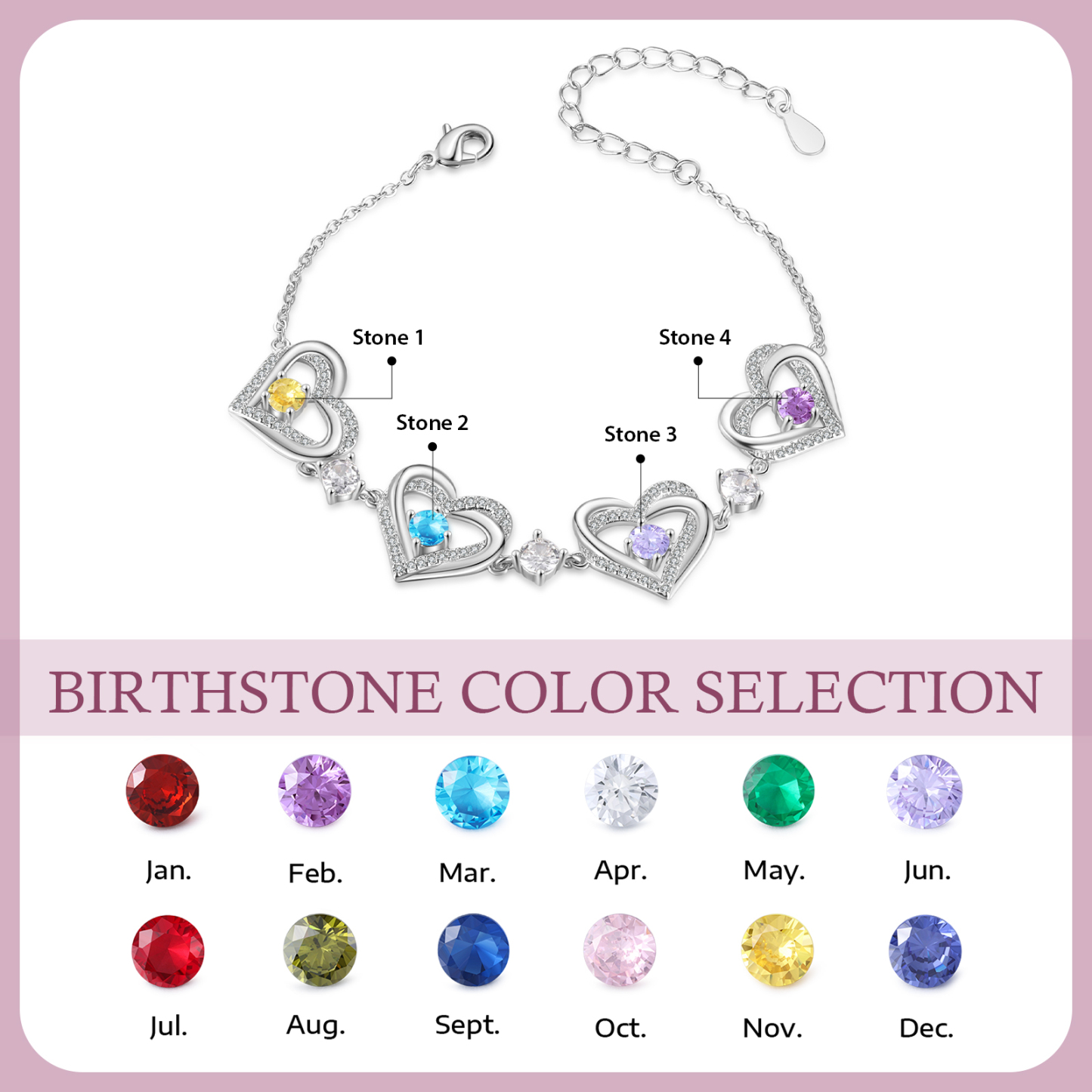 Personalised Bracelet With 4 Birthstones Heart Charm Bracelet Gift For Women | Jessemade