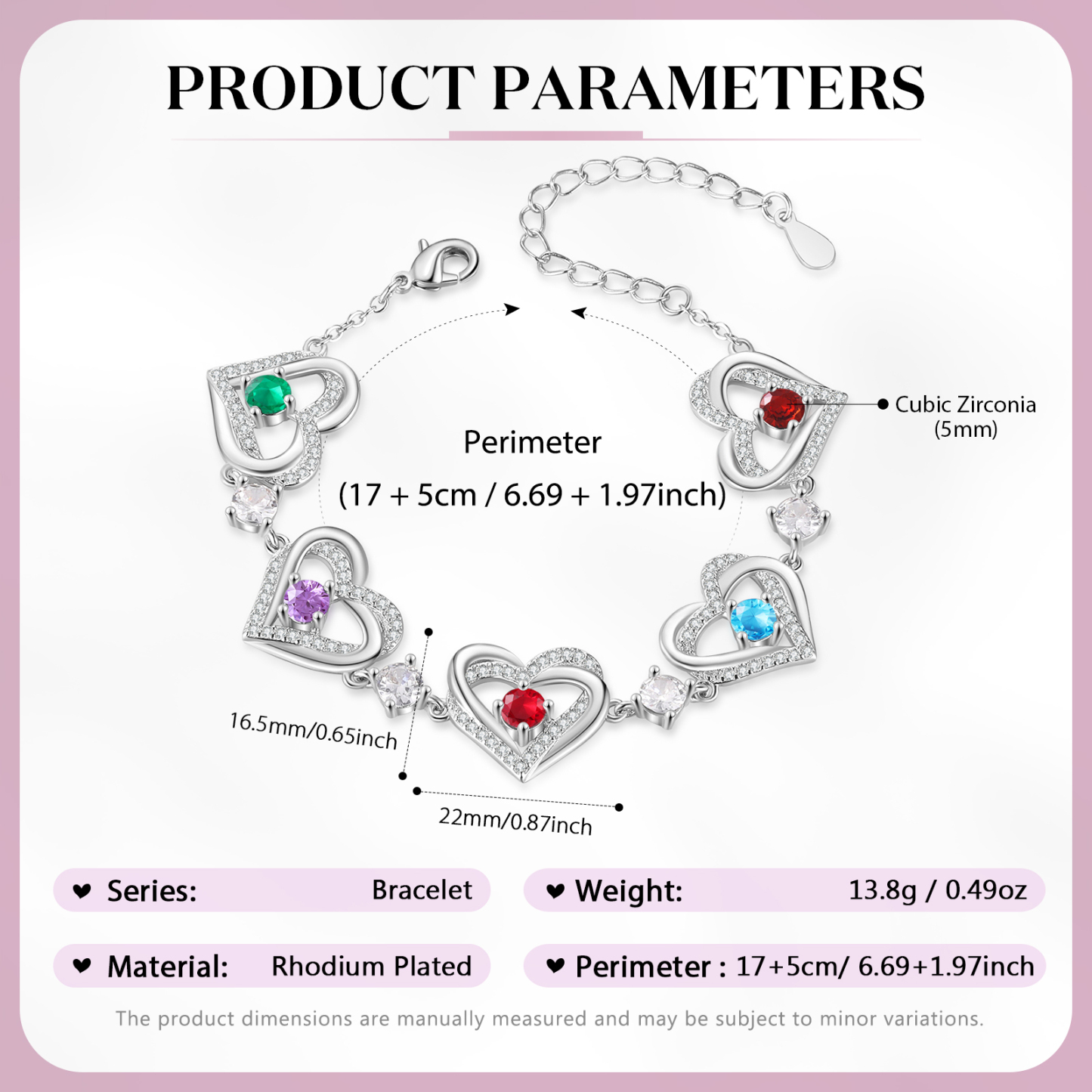 Personalised Bracelet With 5 Birthstones Heart Charm Bracelet Gift For Women | Jessemade