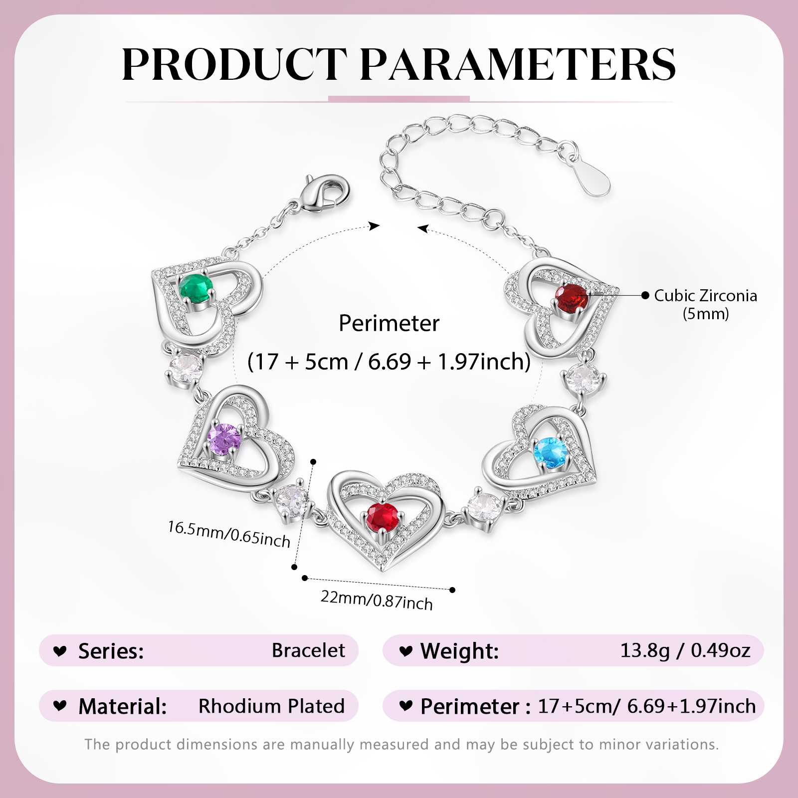 Personalised Bracelet With 5 Birthstones Heart Charm Bracelet Gift For Women | Jessemade