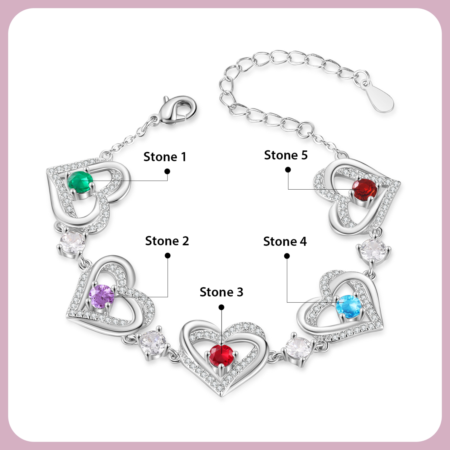 Personalised Bracelet With 5 Birthstones Heart Charm Bracelet Gift For Women | Jessemade