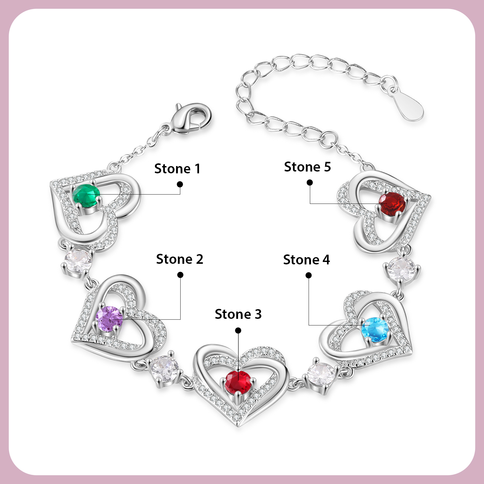 Personalised Bracelet With 5 Birthstones Heart Charm Bracelet Gift For Women | Jessemade