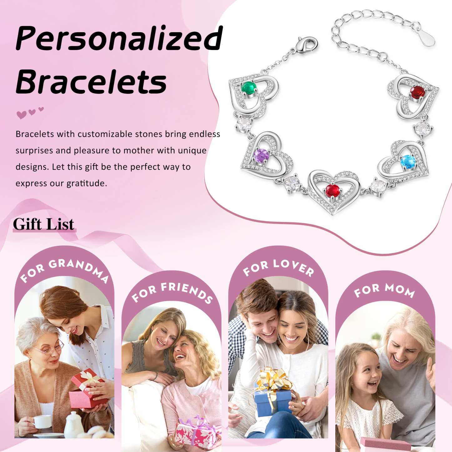 Personalised Bracelet With 5 Birthstones Heart Charm Bracelet Gift For Women | Jessemade